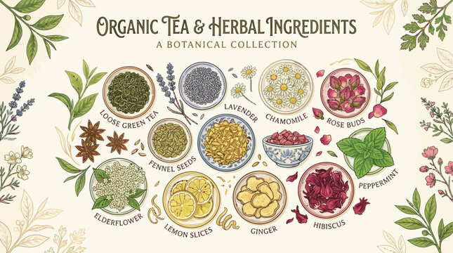 Vector illustration of organic tea ingredients and herbal botanicals including chamomile lavender peppermint ginger lemon