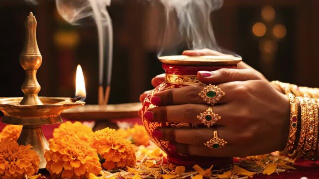 Hands holding smoking incense cup with marigolds and gold jewelry.