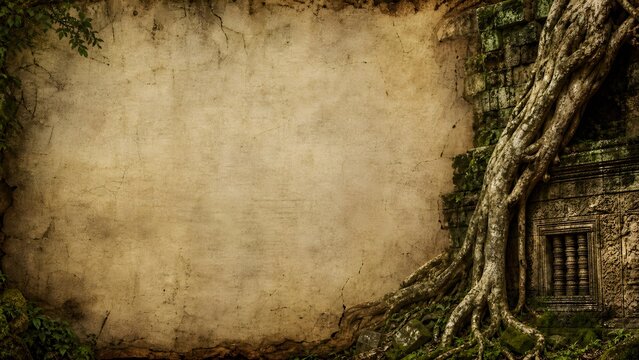 Ancient Khmer Temple Stone Wall with Giant Tree Roots Parchment Illustration
