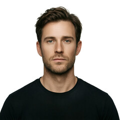 Fototapeta premium Portrait man isolated 33 year old caucasian male wearing black tshirt with neutral expression on a transparent background