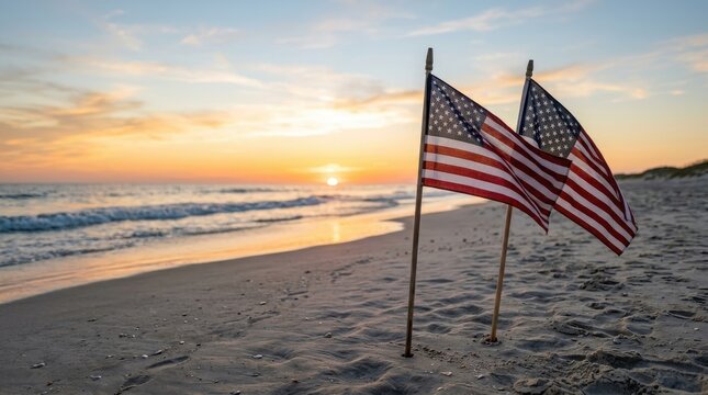 Usa labor day beach sunset american flags on sandy shore celebrating holiday