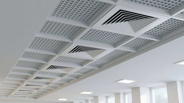 A modern suspended ceiling with a grid of square panels features integrated air conditioning vents and flush lighting. Ideal for architectural design or contemporary office space.