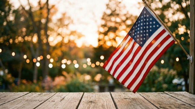 Usa labor day celebration american flag on wooden table with bokeh lights