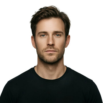 Portrait man isolated 33 year old caucasian male wearing black tshirt with neutral expression on a transparent background