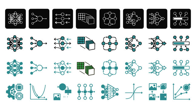 Neural network and deep learning duo-tone icon collection