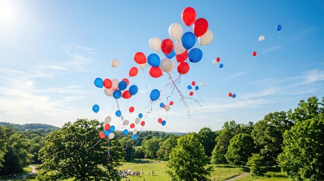 Usa labor day celebration colorful balloons released in a lush green park