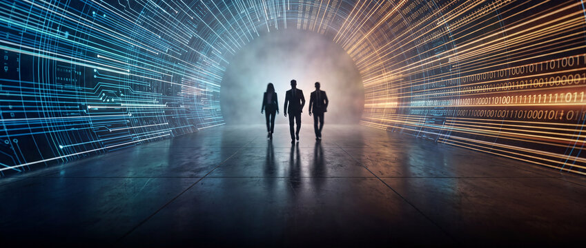 Business team walking through data tunnel featuring glowing blue circuits and orange binary code streams, creating a cinematic concept for corporate digital transformation and IT leadership