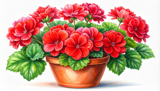 Charming hand drawn illustration of vibrant red geraniums