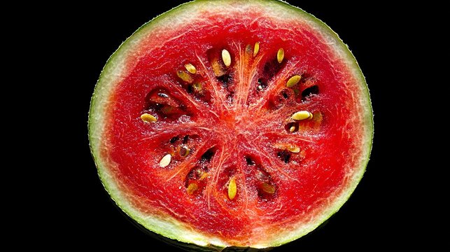 A beautifully cut watermelon slice showcases its bright red flesh and tiny seeds. The glowing colors stand out against a dark background, inviting a taste of summer