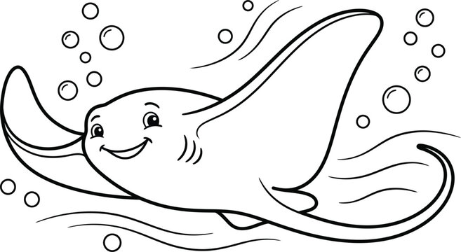 Smiling stingray cartoon illustration with bubbles black and white line art