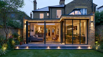 Elegant modern house extension with open bi-fold doors revealing a cozy interior at dusk. Perfect for architectural design, luxury living, and home renovation concepts. © Pixelzone