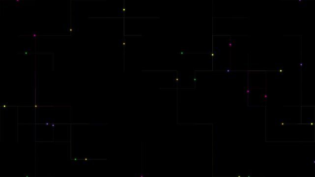 Seamless looping technology background with glowing nodes and connecting lines on black