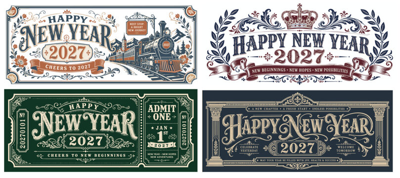Happy New Year 2027 Vintage Ticket Collection, Retro Labels, Holiday Vector Bundle
Vintage Happy New Year 2027 Badge Set, Classic Tickets, Decorative Typography
Happy New Year 2027 Retro Collection