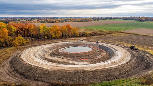 Heavy machinery works on a unique circular pond in a rural area, framed by colorful autumn trees. The scene captures the beauty of nature and development converging peacefully