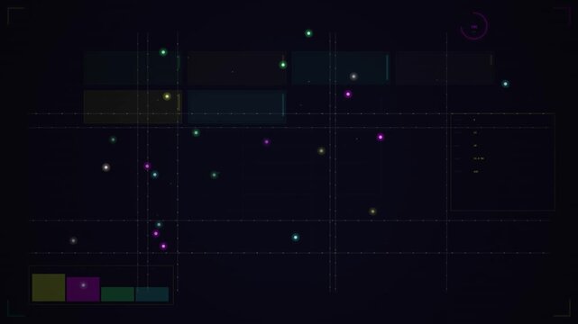 A seamless looping background of colorful abstract dots moving through a dark digital interface with subtle grid lines and floating geometric shapes.