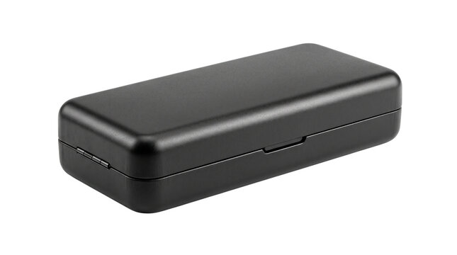 Black hard shell glasses case, protective matte plastic eyewear box, sleek rectangular storage container for spectacles and sunglasses isolated PNG with Transparent Background