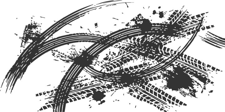 Black tire tracks and skid marks pattern with grunge ink splatters for automotive design and racing graphics