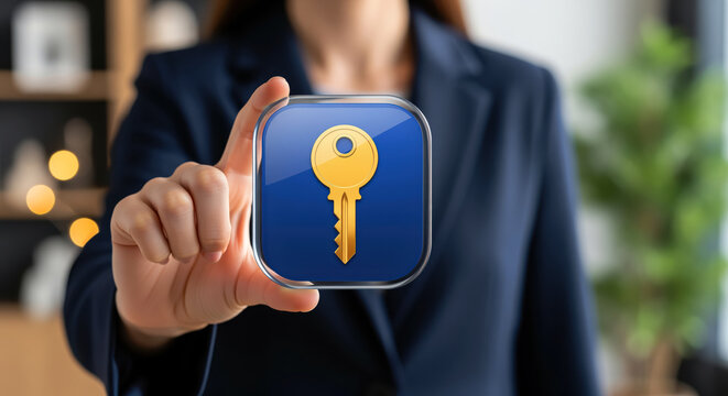 Key icon shining on a royal panel, access emblem standing for property keys, rental handovers and home ownership welcomed by real estate agent stories and housing market publications
