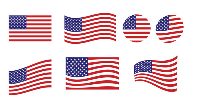 Six American flags waving against a neutral background with subtle circular reflections and slight variations in positioning.