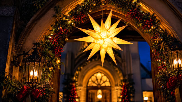 Glowing Moravian Star Hanging at Entrance of Church Courtyard or Historic Building During Advent.