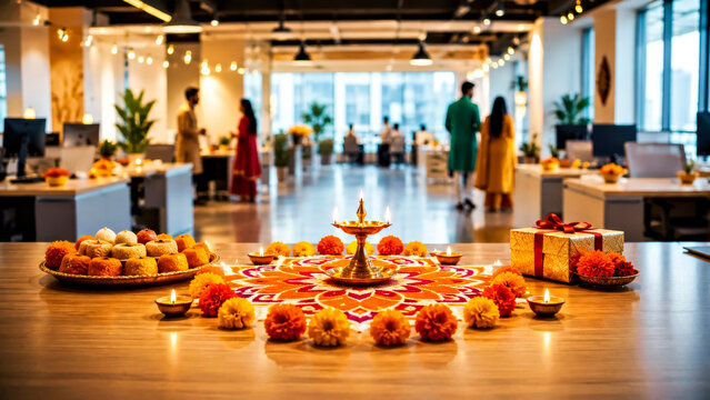 Office Desk Decorated with Rangoli, Diyas, Marigold Flowers, Sweets and Gift Box