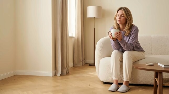 Sick woman drinking hot tea to relieve cold flu chills