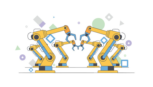 Multiple automated yellow mechanical arms arranged on a factory floor with surrounding floating geometric shapes.