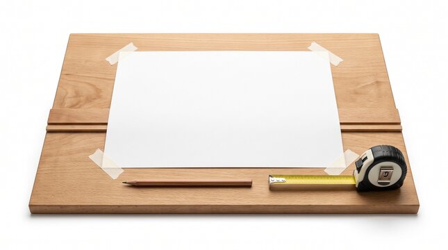 Drafting Tools on Wooden Board: A blank sheet of white paper is taped onto a wooden drafting board, with a pencil and a tape measure placed beside it, ready for creation and design.