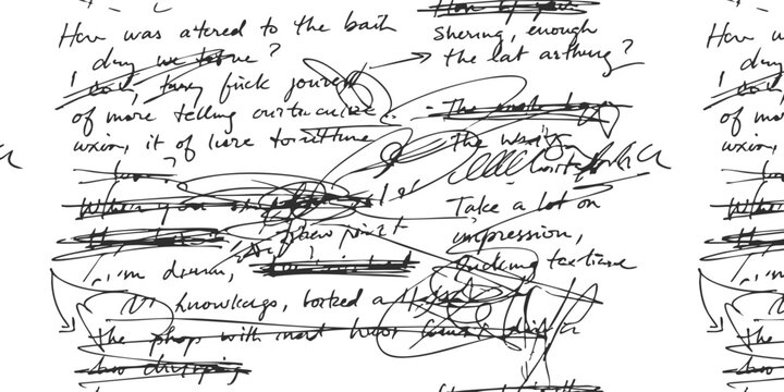 Messy handwritten notes with black ink scribbles and crossed out sentences on a page of vintage paper texture