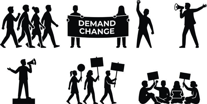 Protest silhouettes with signs and banners. People demonstrating for social justice rights.