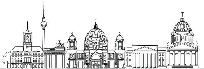 Berlin Germany Skyline Line Art Illustration Featuring Landmarks Like Brandenburg Gate, Berlin Cathedral, and Television Tower for Travel and Architectural Designs © MstMuktha