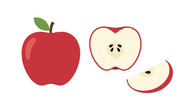 Fresh red apple alongside a halved section and a thin wedge on a simple clean pastel background.