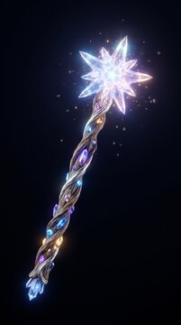 Halloween A magical crystal wand, adorned with swirling gemstones and emitting a radiant glow, stands as a symbol of power and enchantment.
