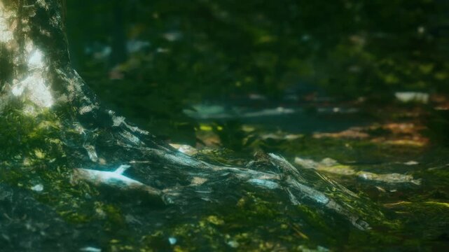 Sunlight filters through the trees creating patterns on the ground. Roots are visible, intertwined with grass and leaves. The scene shows a vibrant part of the forest.