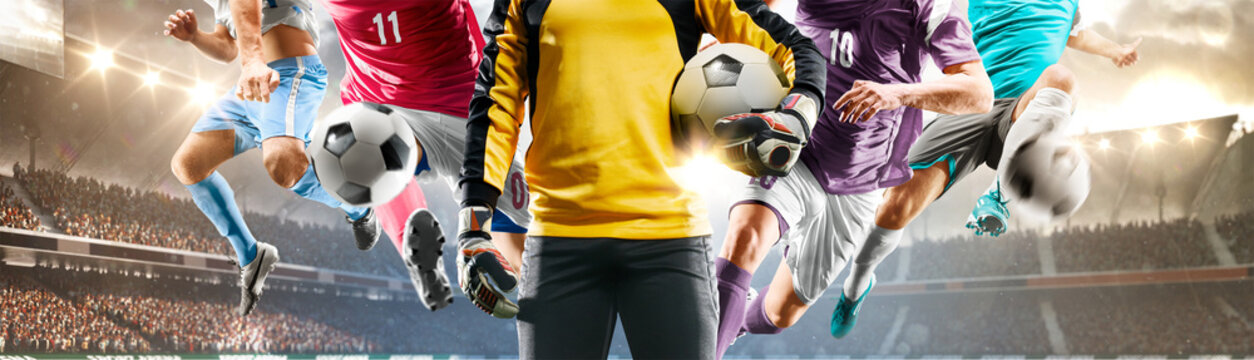Collage depicting soccer. Athletes in a beautiful, large stadium full of fans. Close up.