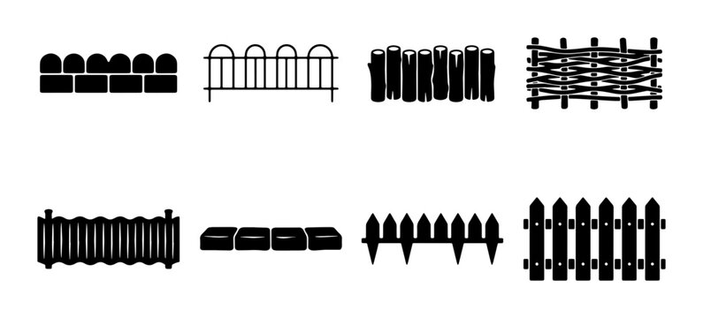 Diverse Fence Styles Vector Icons: Garden, Property, Boundary, Border, Wood, Stone, Wicker, Picket