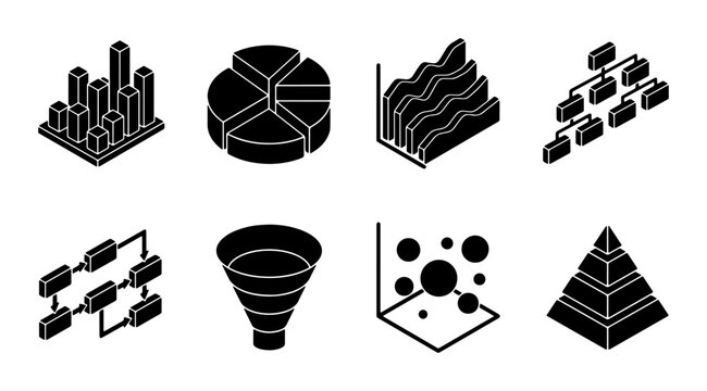 Isometric Data Visualization Icons Set: Charts, Graphs, Funnel, Pyramid, Hierarchy