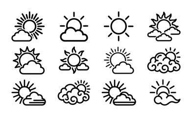 Obraz premium Sunny Weather Icons Set: Cloud, Sun, Day Forecast Symbols, Simple Outline Graphics for Meteorology