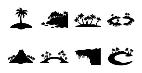 Tropical Island Silhouettes, Exotic Beach Scenes, Palm Tree Landscapes, Vacation Paradise Vector Set © Hamida
