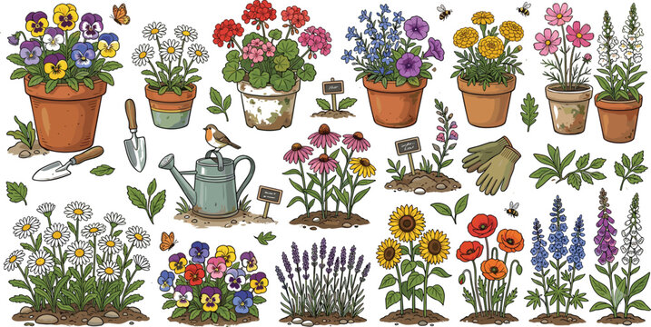 Vector illustration collection of colorful potted flowers garden plants watering can and various spring gardening tools.