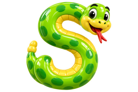 Cute Green Cartoon Snake Character Wrapped Around Letter S Isolated on White Background Colorful Reptile Mascot Illustration for Kids Education Nature and Wildlife Design