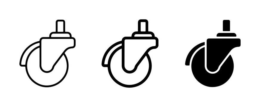 Caster Wheel Icons: Line Art, Outline, and Solid Black Vector Graphics for Furniture and Mobility