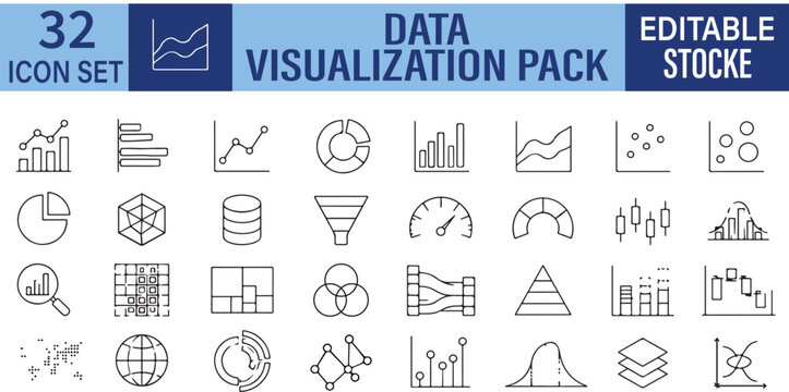 Data Visualization Vector Outline Icons Set &ndash; Analytics Charts, Dashboard and Business Intelligence Line Symbols Collection
