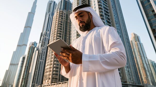 Leader in Gulf region, Arab businessman in traditional clothes uses tablet in financial district.