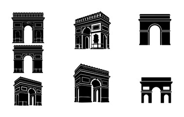 Fototapeta premium Arc de Triomphe Vector Icons Set: Parisian Landmark Silhouettes, Monumental Architecture Graphics, Travel & History Symbols