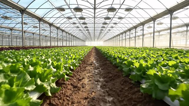 Greenhouse rows of fresh green lettuce plants.