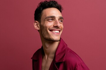 Obraz premium Smiling man portrait with red background and open collar shirt for lifestyle banner and editorial design