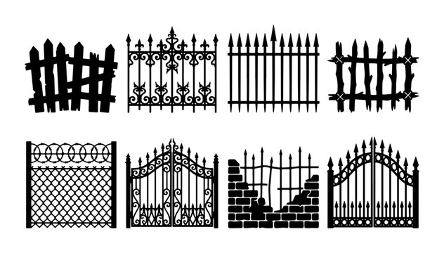 Decorative Fence and Gate Silhouettes Collection: Ornate Ironwork, Rustic Wood, Security Barriers