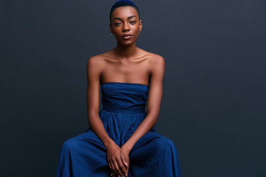 Studio portrait of an elegant woman in a strapless blue dress on a dark background for editorial portrait banner and fashion design