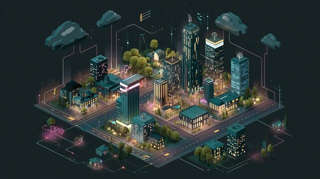 Smart city tech connects the world. IoT enables data flow. Infographic for business, education, and digital talks. Future concept.